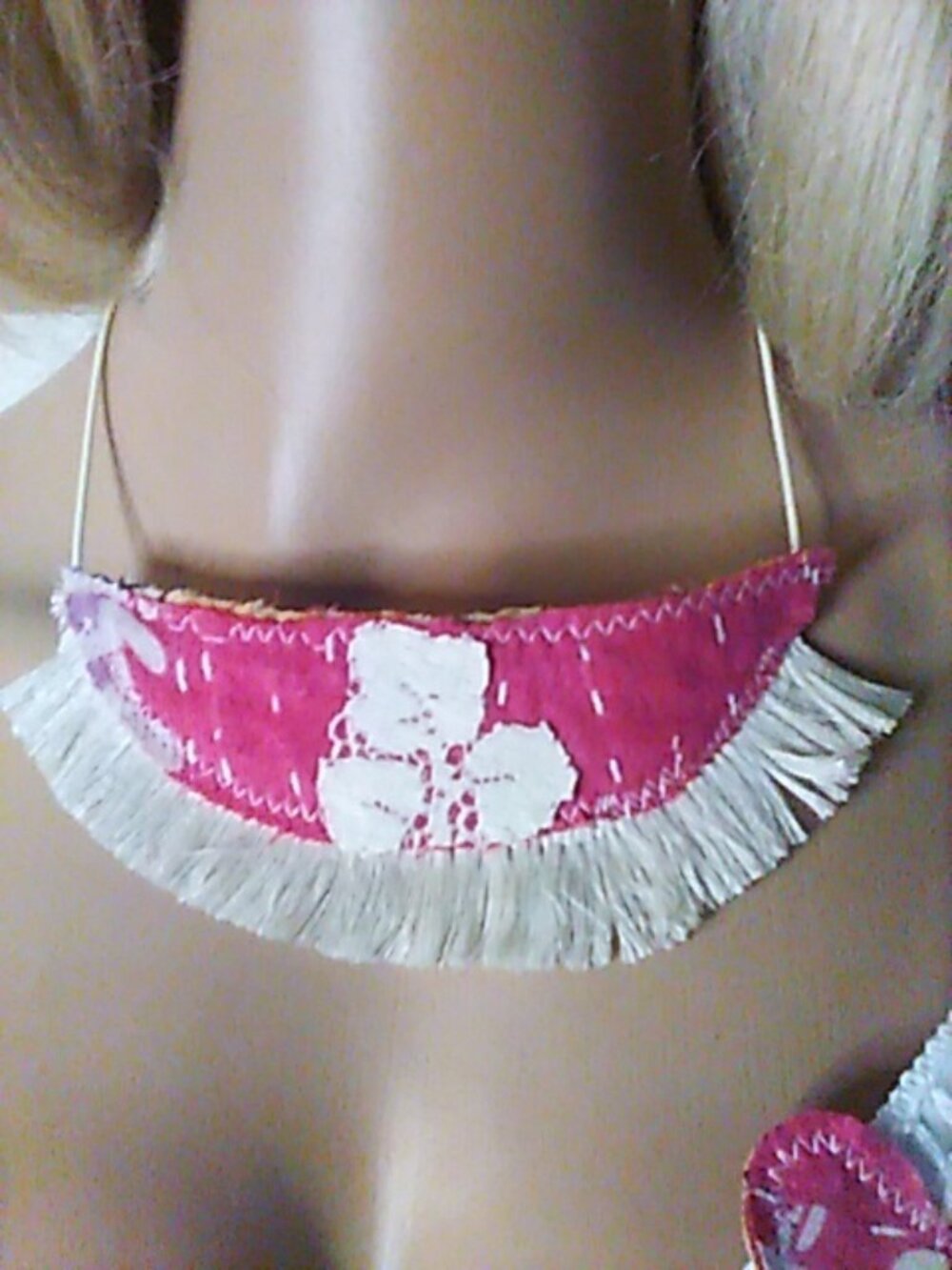 Kantha Necklace Fringe Pink With Lace Flower Handmade New Boho Hippie New KN6.